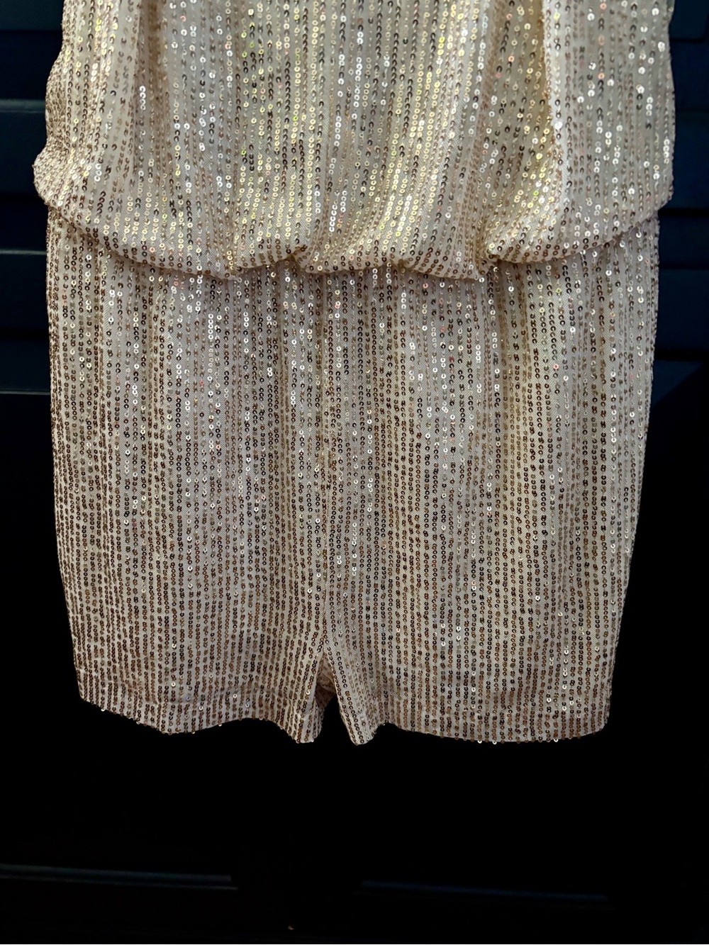 Double Crazy Sequined Gold Spaghetti Strap Romper with attached Shorts - Picture 4 of 7